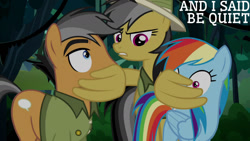 Size: 1280x720 | Tagged: safe, edit, edited screencap, editor:quoterific, screencap, daring do, quibble pants, rainbow dash, earth pony, pegasus, pony, g4, season 6, stranger than fan fiction, female, male, mare, stallion, trio, wings