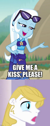 Size: 680x1711 | Tagged: safe, edit, edited screencap, screencap, prince blueblood, trixie, equestria girls, equestria girls specials, g4, my little pony equestria girls: better together, my little pony equestria girls: forgotten friendship, beach, bedroom eyes, belly button, bikini, bronybait, caption, clothes, equestria girls-ified, female, hand on hip, implied kissing, male, midriff, open mouth, sarong, ship:bluetrix, shipping, shipping domino, straight, surprised blueblood, swimsuit, text