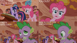 Size: 1280x720 | Tagged: safe, edit, edited screencap, editor:quoterific, screencap, pinkie pie, spike, twilight sparkle, dragon, earth pony, pony, unicorn, g4, griffon the brush off, season 1, book, female, golden oaks library, male, mare, open mouth, unicorn twilight