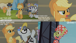 Size: 1280x720 | Tagged: safe, edit, edited screencap, editor:quoterific, screencap, applejack, granny smith, long shot, press pass, press release (character), silver shill, snappy scoop, earth pony, pony, g4, leap of faith, season 4, applejack's hat, camera, cowboy hat, female, hat, male, mare, open mouth, open smile, smiling, stallion
