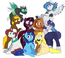 Size: 2520x2248 | Tagged: safe, artist:2k.bugbytes, gabby, oc, oc only, oc:acres, oc:annabelle (zizzydizzymc), oc:cotton coax, oc:delta dart, oc:heart drive, oc:sapphire soulfire, oc:sign, oc:violet evergard, oc:yvette (evan555alpha), changeling, earth pony, hippogriff, hybrid, pony, undead, unicorn, vampire, vampony, g4, bipedal, bipedal leaning, blonde, blonde mane, blonde tail, blue eyes, business suit, clothed ponies, clothes, coat markings, commission, ear piercing, female, floppy disk, flying, glasses, green changeling, green eyes, group, high res, leaning, looking at you, male, mascot, missing cutie mark, mouth hold, open mouth, piercing, plushie, ponybooru, ponybooru mascot, red eyes, scarf, simple background, sitting, smiling, socks, socks (coat markings), standing, tail, tongue out, transparent background, umbrella