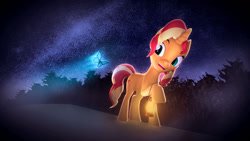 Size: 1280x720 | Tagged: safe, artist:nebby14, sunset shimmer, butterfly, pony, unicorn, equestria girls, g4, 3d, 4k resolution, beautiful, female, forest, glowing, grass, happy, lantern, mare, night, open mouth, open smile, poster, raised hoof, smiling, source filmmaker, stars, sweet dreams fuel, wallpaper