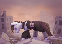 Size: 2048x1448 | Tagged: safe, artist:dandy, oc, oc only, earth pony, pony, blue eyes, building, clothes, digital art, earth pony oc, giant pony, gray coat, looking down, macro, male, pouch, raffle prize, rubble, ruins, solo, stallion, street sign