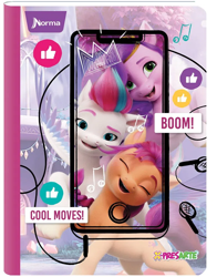 Size: 782x1000 | Tagged: safe, pipp petals, sunny starscout, zipp storm, earth pony, pegasus, pony, g5, my little pony: a new generation, official, 2d, 3d, colombia, confident, copybook, crown, design, drawn on, earbuds, female, happy, jewelry, melody note, merchandise, photo, regalia, siblings, sisters, thumbs up