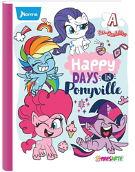 Size: 782x1000 | Tagged: safe, pinkie pie, rainbow dash, rarity, twilight sparkle, alicorn, earth pony, pegasus, pony, unicorn, g4.5, my little pony: pony life, official, 2d, colombia, copybook, cupcake, food, happy, heart, ice cream, laughing, looking at you, merchandise, norma, one eye closed, rainbow, smiling, thinking, twilight sparkle (alicorn), unsure, wink, winking at you