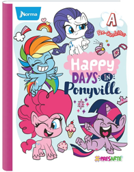 Size: 782x1000 | Tagged: safe, pinkie pie, rainbow dash, rarity, twilight sparkle, alicorn, earth pony, pegasus, pony, unicorn, g4, g4.5, my little pony: pony life, official, 2d, colombia, copybook, cupcake, food, happy, heart, ice cream, laughing, looking at you, merchandise, norma, one eye closed, rainbow, smiling, thinking, twilight sparkle (alicorn), unsure, wink, winking at you