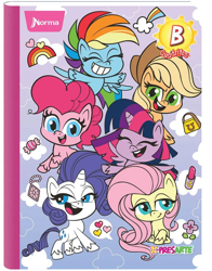 Size: 782x1000 | Tagged: safe, applejack, fluttershy, pinkie pie, rainbow dash, rarity, twilight sparkle, alicorn, earth pony, pegasus, pony, g4.5, my little pony: pony life, official, 2d, candy, cloud, colombia, confident, copybook, design, flower, flying, food, happy, heart, mane six, merchandise, norma, rainbow, shy, smiling, twilight sparkle (alicorn), x-presarte