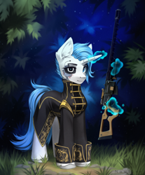 Size: 2069x2500 | Tagged: safe, artist:inowiseei, oc, pony, robot, robot pony, unicorn, clothes, high res, magic, solo, weapon