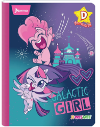 Size: 782x1000 | Tagged: safe, pinkie pie, twilight sparkle, alicorn, earth pony, pony, g4.5, my little pony: pony life, official, 2d, castle, colombia, copybook, design, flying, happy, jumping, looking at you, merchandise, norma, one eye closed, stars, twilight sparkle (alicorn), wink, winking at you, x-presarte
