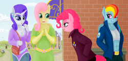 Size: 1514x719 | Tagged: safe, artist:xodok, apple bloom, fluttershy, lyra heartstrings, pinkie pie, rainbow dash, rarity, scootaloo, sweetie belle, zecora, human, anthro, series:ponyashnost, g4, abs, bag, clothes, cutie mark crusaders, flower, house, jewelry, staff