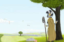 Size: 2004x1330 | Tagged: safe, artist:xodok, zecora, anthro, series:ponyashnost, g4, clothes, cloud, cloudsdale, field, flower, forest, jewelry, mountain, river, scenery, solo, staff, stone, tree, water