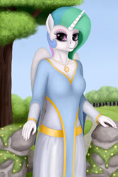 Size: 1200x1800 | Tagged: safe, artist:xodok, princess celestia, alicorn, anthro, series:ponyashnost, g4, clothes, dress, fence, flower, forest, horn, jewelry, looking at you, smiling, stone, trail, tree, wings