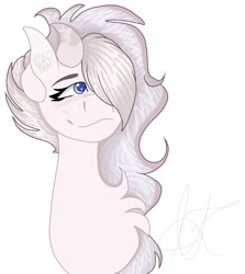 Size: 1335x1500 | Tagged: safe, artist:teonnakatztkgs, oc, oc only, pony, chest fluff, eyelashes, hair over one eye, horns, signature, simple background, solo, white background