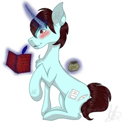 Size: 1500x1500 | Tagged: safe, artist:teonnakatztkgs, oc, oc only, pony, unicorn, blushing, book, chest fluff, glowing, glowing horn, horn, inkwell, magic, male, quill, signature, simple background, solo, stallion, telekinesis, unicorn oc, white background