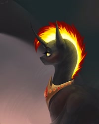 Size: 1728x2160 | Tagged: safe, artist:miurimau, oc, oc only, alicorn, pony, alicorn oc, bust, horn, mane of fire, peytral, solo, wings
