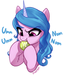 Size: 1788x2108 | Tagged: safe, artist:maren, izzy moonbow, pony, unicorn, g5, my little pony: a new generation, ball, behaving like a dog, cute, drool, eating, eyebrows, eyebrows visible through hair, female, izzy's tennis ball, izzybetes, mare, nom, silly, silly pony, simple background, solo, tennis ball, that pony sure does love tennis balls, white background