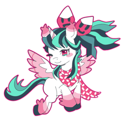 Size: 840x840 | Tagged: safe, artist:sappyscarfy, oc, oc only, oc:scarfy, alicorn, pony, alicorn oc, bowtie, clothes, colored wings, female, flying, hoof fluff, horn, multicolored hair, multicolored mane, multicolored wings, one eye closed, scarf, simple background, smiling, solo, spread wings, white background, wings, wink
