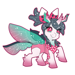 Size: 840x840 | Tagged: safe, artist:sappyscarfy, oc, oc only, oc:scarfy, changeling, changeling queen, insect, changeling oc, changeling queen oc, changeling wings, clothes, eye clipping through hair, female, horn, raised hoof, scarf, simple background, smiling, solo, sparkles, spread wings, transformation, transparent wings, white background, wings
