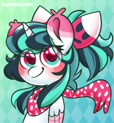 Size: 2180x2336 | Tagged: safe, artist:ninnydraws, oc, oc only, oc:scarfy, alicorn, pony, abstract background, alicorn oc, blushing, bowtie, clothes, colored wings, eye clipping through hair, female, gradient background, high res, horn, looking at you, mare, multicolored hair, multicolored mane, multicolored wings, scarf, smiling, smiling at you, solo, wings
