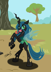 Size: 2481x3508 | Tagged: safe, artist:memprices, queen chrysalis, changeling, changeling queen, g4, bipedal, evil smile, eye clipping through hair, female, grin, high res, looking at you, menacing, raised hoof, smiling, solo, tongue out, vector