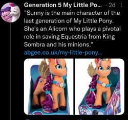 Size: 694x652 | Tagged: safe, sunny starscout, alicorn, pony, g5, my little pony: a new generation, spoiler:my little pony: a new generation, female, implied king sombra, merchandise, meta, race swap, screenshots, sunnycorn, twitter