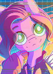 Size: 1280x1811 | Tagged: safe, artist:wavecipher, pipp petals, pegasus, pony, g5, my little pony: a new generation, clothes, glasses, jacket, looking at you, retro, round glasses, solo, white pupils
