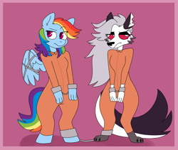 Size: 3736x3146 | Tagged: safe, artist:retromochi, rainbow dash, demon, hellhound, pegasus, anthro, digitigrade anthro, unguligrade anthro, g4, ankle cuffs, bound together, bound wings, chains, clothes, cuffed, cuffs, frustrated, hellaverse, hellborn, helluva boss, high res, loona (helluva boss), prison outfit, prisoner, prisoner rd, wings