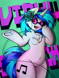 Size: 3122x4096 | Tagged: safe, alternate version, artist:canvymamamoo, dj pon-3, vinyl scratch, unicorn, semi-anthro, g4, abstract background, arm hooves, belly button, bipedal, breasts, chest fluff, clothes, ear fluff, eyebrows, eyebrows visible through hair, female, frog (hoof), headphones, hind legs, legs together, looking at you, open mouth, smiling, solo, starry eyes, sunglasses, underhoof, wide hips, wingding eyes