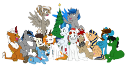 Size: 7083x3645 | Tagged: safe, artist:chub-wub, oc, oc only, oc:aurora shinespark, oc:penstroke, oc:verdant pyre, earth pony, kirin, pegasus, pony, unicorn, animal costume, annoyed, antlers, christmas, christmas tree, clothes, costume, cross-popping veins, ear piercing, earring, holiday, jewelry, no source available, piercing, reindeer antlers, reindeer costume, scarf, simple background, transparent background, tree
