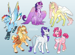 Size: 3367x2450 | Tagged: safe, artist:ocdraco, applejack, fluttershy, pinkie pie, rainbow dash, rarity, twilight sparkle, alicorn, earth pony, hybrid, pegasus, pony, unicorn, g4, :p, apple, bag, bow, cheek fluff, chest fluff, clothes, coat markings, colored wings, curved horn, facial markings, fluffy, food, headcanon, high res, horn, horns, leg warmers, leonine tail, mane six, multicolored wings, multiple wings, pale belly, paws, rainbow wings, rearing, redesign, saddle bag, snip (coat marking), tail, tail bow, tongue out, twilight sparkle (alicorn), whistle, whistle necklace, wings