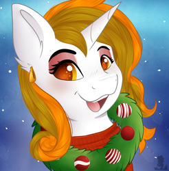 Size: 1880x1912 | Tagged: safe, artist:monsoonvisionz, oc, oc only, oc:aurora shinespark, pony, unicorn, christmas, clothes, ear piercing, earring, eyeshadow, female, holiday, jewelry, looking at you, makeup, mare, no source available, ornament, piercing, simple background, sweater, watermark, wreath