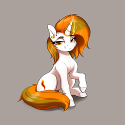Size: 3200x3200 | Tagged: safe, artist:aquaticvibes, oc, oc only, oc:aurora shinespark, pony, unicorn, ear piercing, earring, female, fire, high res, jewelry, looking at you, magic, mare, no source available, piercing, raised hoof, simple background, sitting, smug