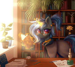 Size: 2900x2600 | Tagged: safe, artist:avrameow, oc, oc only, oc:nebula flare, pony, unicorn, book, bookshelf, clothes, desk, ear piercing, earring, eyebrows, eyebrows visible through hair, eyeshadow, female, freckles, glasses, glowing, glowing horn, high res, horn, jewelry, lamp, looking at you, magic, makeup, mare, neck rings, no source available, office, pen, piercing, plant pot, ponytail, potted plant, robe, shading, solo, sunlight, telekinesis, unicorn oc, window