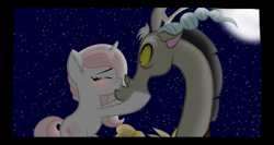 Size: 6208x3304 | Tagged: safe, artist:sugarcubecreationz, discord, oc, oc:sweetheart, draconequus, pony, unicorn, g4, absurd resolution, canon x oc, duo, duo male and female, female, kissing, male, mare, night, straight