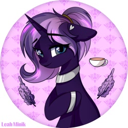 Size: 2000x2000 | Tagged: safe, artist:stesha, oc, oc only, oc:tenebris flux, pony, unicorn, cup, ear piercing, earring, ears back, eyebrows, eyebrows visible through hair, female, freckles, high res, horn, jewelry, looking at you, magic, mare, neck rings, piercing, ponytail, simple background, teacup, telekinesis, unicorn oc