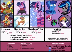 Size: 4096x2987 | Tagged: safe, artist:sugardotxtra, autumn blaze, sunset shimmer, twilight sparkle, velvet (tfh), oc, oc:naveen numbers, oc:neongreen, alicorn, bird, turkey, them's fightin' herds, advertisement, bed, blushing, clothes, collar, commission info, commissions open, community related, electric guitar, guitar, heart, musical instrument, price sheet, socks, speaker, striped socks, tongue out, twilight sparkle (alicorn)
