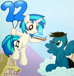 Size: 7528x7740 | Tagged: safe, artist:agkandphotomaker2000, dj pon-3, vinyl scratch, oc, oc:pony video maker, pegasus, pony, unicorn, g4, balloon, balloon shaped numbers, birthday, birthday cake, blurry background, cake, candle, canon x oc, cloud, complex background, female, food, holding on, houses, looking up, male, mountain, ponyville, red eyes, shipping, show accurate, sitting, spread wings, straight, videoscratch, wings