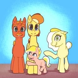 Size: 1200x1200 | Tagged: safe, artist:storyteller, oc, oc only, oc:dippy, oc:hard boiled, oc:omelette, oc:sunny side, earth pony, pony, unicorn, facial hair, family, female, filly, foal, looking at you, male, mare, moustache, nervous, smiling, stallion