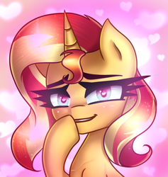 Size: 7200x7600 | Tagged: safe, artist:opal_radiance, sunset shimmer, pony, unicorn, g4, absurd resolution, commission, female, grin, heart, heart background, heart eyes, hoof on chin, looking at you, mare, smiling, smiling at you, solo, wingding eyes, ych result