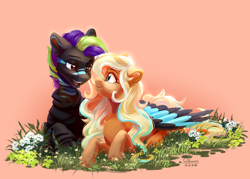 Size: 3576x2560 | Tagged: oc name needed, safe, artist:teaflower300, oc, oc only, earth pony, pegasus, pony, colored wings, duo, eye contact, grass, high res, looking at each other, looking at someone, lying down, open mouth, orange background, orange coat, prone, signature, simple background, teeth, two toned mane, two toned wings, wings