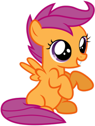 Size: 2121x2828 | Tagged: safe, artist:rainbowderp98, scootaloo, pegasus, pony, g4, .ai available, .svg available, cute, cutealoo, female, filly, foal, full body, grin, high res, hooves, purple eyes, simple background, sitting, small wings, smiling, solo, spread wings, transparent background, vector, wings