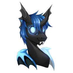 Size: 3543x3543 | Tagged: safe, artist:buvanybu, oc, oc only, oc:w. rhinestone eyes, changeling, blue changeling, bust, changeling oc, fangs, grin, high res, portrait, simple background, smiling, solo, transparent background