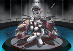 Size: 3508x2480 | Tagged: safe, artist:hugo231929, earth pony, pony, azur lane, battleship, cannon, chair, clothes, crossed legs, crossover, female, german, gun, high res, looking at you, machine, military, military pony, military uniform, parody, ponified, sitting, smiling, smiling at you, solo, tirpitz, uniform, weapon