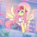 Size: 2480x2480 | Tagged: safe, artist:musicfirewind, fluttershy, pegasus, pony, 90s grunge fluttershy, backwards ballcap, baseball cap, cap, city, cityscape, clothes, cute, daaaaaaaaaaaw, eyebrows, eyebrows visible through hair, female, hat, high res, mare, open mouth, shirt, shyabetes, skirt, solo, spread wings, t-shirt, wings