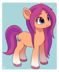 Size: 810x1000 | Tagged: safe, artist:luminousdazzle, sunny starscout, earth pony, pony, g5, my little pony: a new generation, abstract background, alternate hairstyle, chest fluff, coat markings, cute, female, full body, hooves, looking up, loose hair, mare, smiling, socks (coat markings), solo, standing, sunnybetes, tail, teal eyes, three quarter view, two toned mane, two toned tail, unkempt mane, unshorn fetlocks