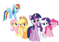 Size: 2500x1781 | Tagged: safe, artist:rainbowderp98, applejack, fluttershy, pinkie pie, rainbow dash, rarity, twilight sparkle, earth pony, pegasus, pony, unicorn, g4, ^^, applejack's hat, blue eyes, cowboy hat, eyes closed, female, flying, folded wings, green eyes, grin, hat, high res, hooves, horn, mane six, mare, multicolored mane, open mouth, open smile, pink mane, purple eyes, simple background, smiling, spread wings, standing, teal eyes, transparent background, unicorn twilight, vector, wings