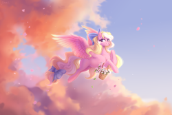 Size: 3000x2000 | Tagged: safe, artist:sparkling_light, oc, oc only, oc:bay breeze, pegasus, pony, basket, bow, cloud, colored wings, cute, female, flower, flying, gradient wings, hair bow, high res, looking at you, mare, ocbetes, outdoors, pegasus oc, petals, pretty, sky, smiling, smiling at you, solo, spread wings, tail, tail bow, wings