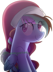 Size: 571x775 | Tagged: safe, artist:kimmyartmlp, oc, oc only, pegasus, pony, christmas, eye clipping through hair, female, hat, holiday, mare, pegasus oc, santa hat, simple background, smiling, solo, transparent background