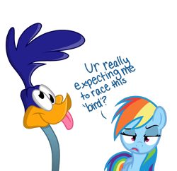 Size: 900x871 | Tagged: safe, artist:kimmyartmlp, rainbow dash, bird, pegasus, pony, g4, 2016, crossover, derp, duo, female, looney tunes, mare, road runner, simple background, tongue out, transparent background, unamused
