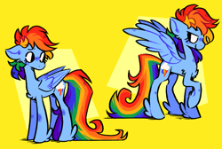 Size: 1015x683 | Tagged: safe, artist:bumblesnail-art, rainbow dash, pegasus, pony, g4, chest fluff, cute, dashabetes, ear fluff, female, floppy ears, leg fluff, mare, profile, simple background, solo, spread wings, wings, yellow background